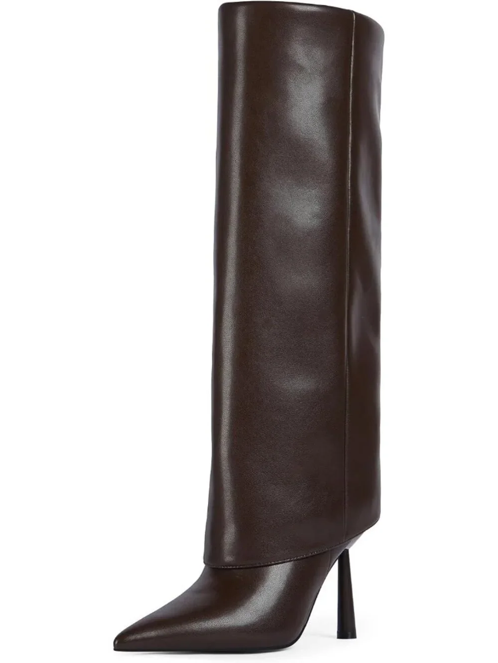 Women's Chocolate Brown Faux Leather Pointed Toe Heel Fold Over Knee High Boots